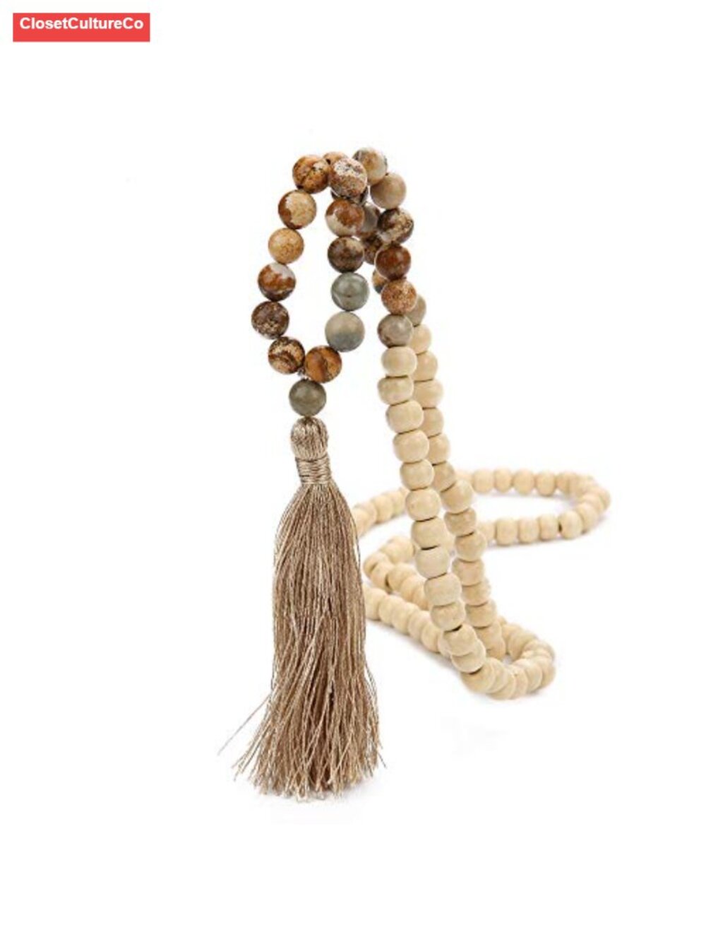 8mm Wood Picture Jasper Mala Bead Necklace Silk Tassel Handmade